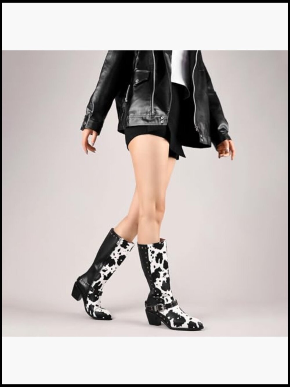 Studded Mid Calf Buckle Biker Boots Chunky Heel Zipper Cow Print - Picture 6 of 7